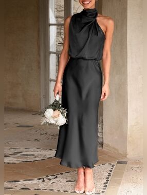 PRETTY GARDEN | satin mock neck cocktail dress